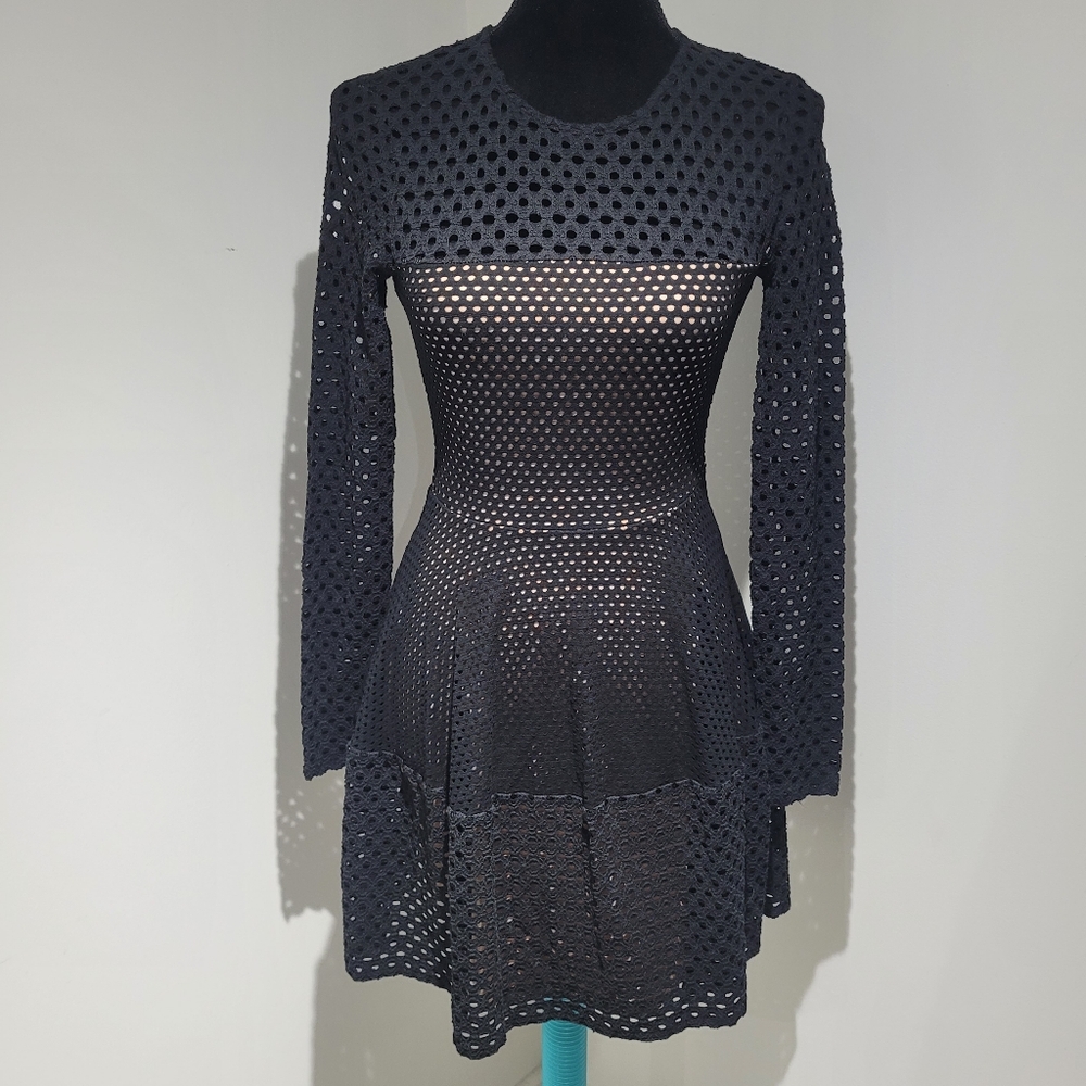 BCBG Max Azria Women's Kyla A-Line Long Sleeve Mesh Mini Dress XS Black Goth NEW